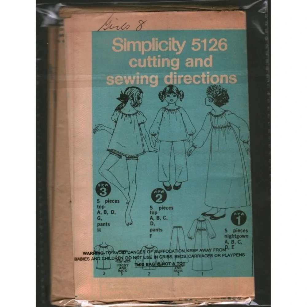 Simplicity 5126 Girls Pajamas Nightgown Sewing Pattern‎ Size 8 Vintage Sleepwear